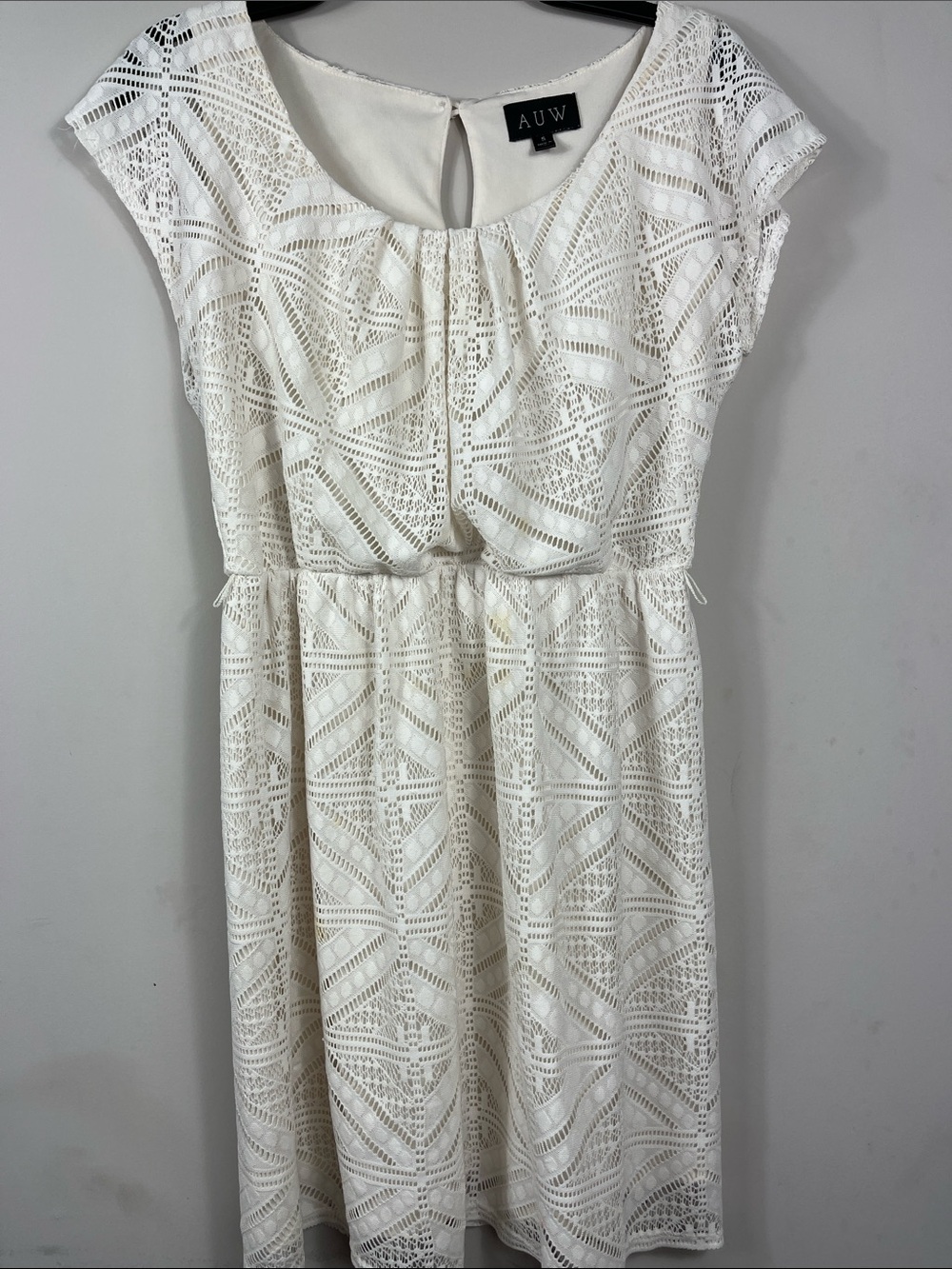 AUW Ivory Lace Mini Dress Boho Fit Flare Cream Lined Cap Sleeve S